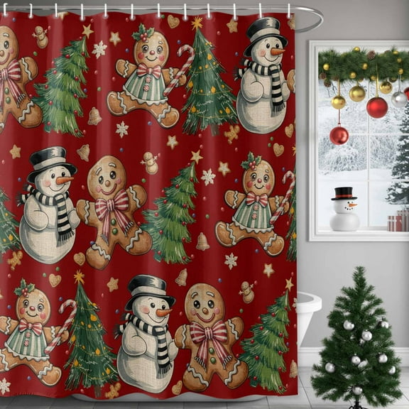 Christmas Shower Curtains for Bathroom, Gingerbread Man Snowman Xmas Tree Star Retro Red Waterproof Fabric Shower Curtain for Bathroom Bathtub Decoration, Machine Washable, 54x"78"
