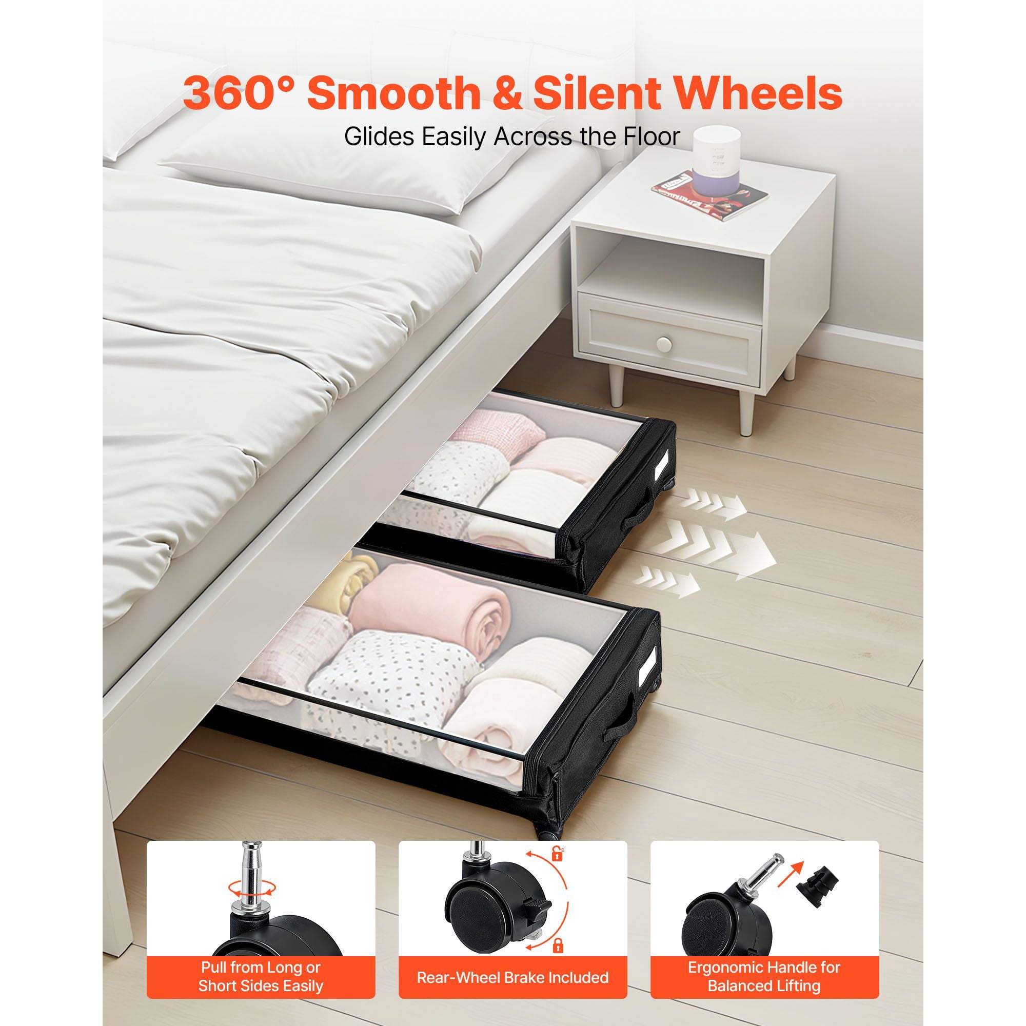 Under Bed Storage with Wheels, 28.94" x 15.75" x 4.33", 60 lbs Capacity, Clear Top, 360° Casters, for Clothes Shoes Toys