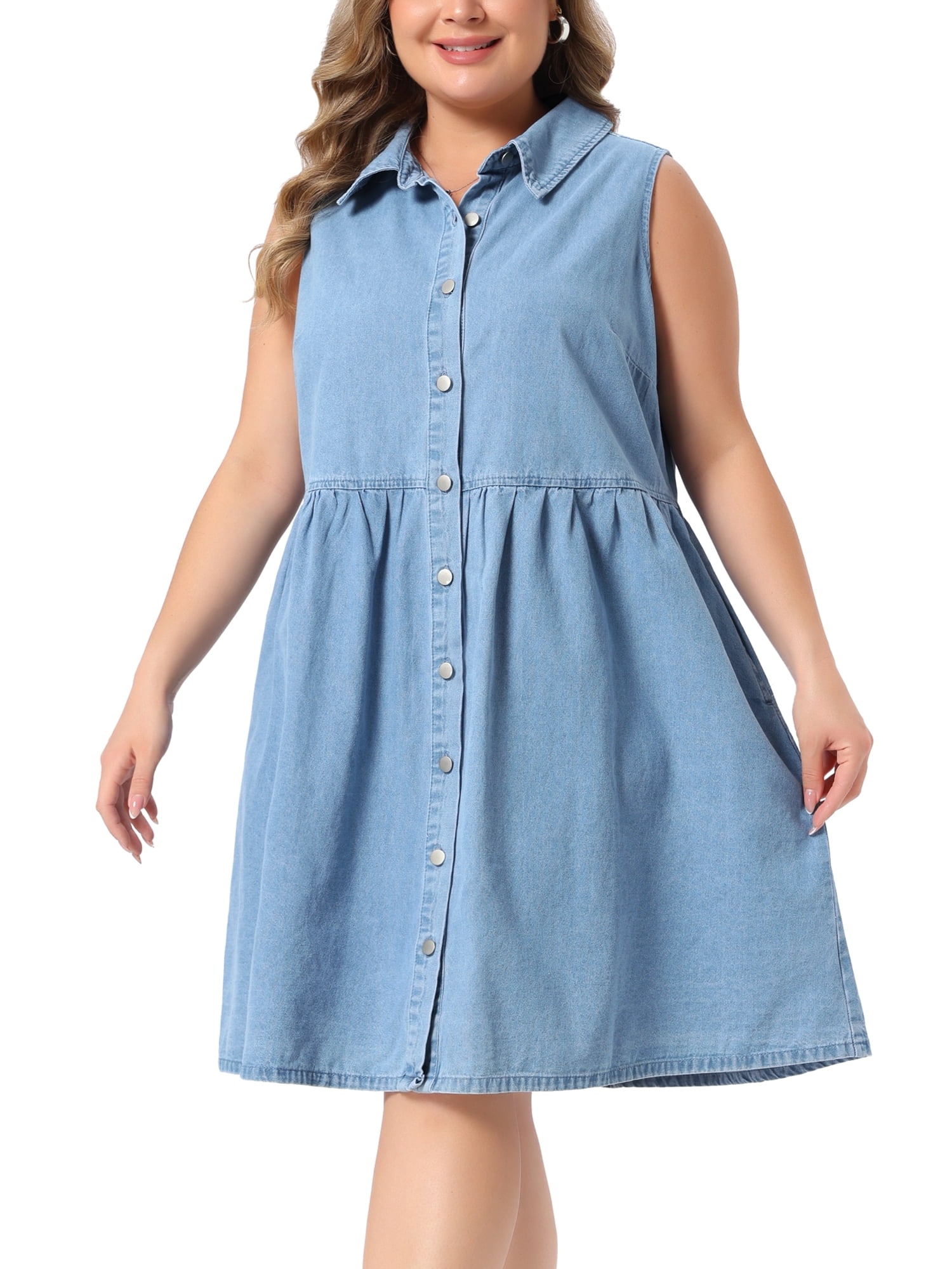DARING DIVA Women's Plus Denim Dress Sleeveless Babydoll 2X Light Blue