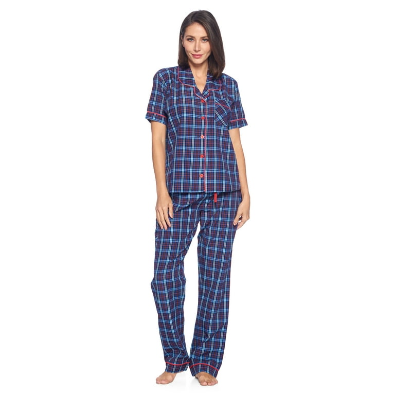 Ashford & Brooks Women's Woven Short Sleeve Shirt and Pajama Pants Set,  Blue/Burgundy, XL