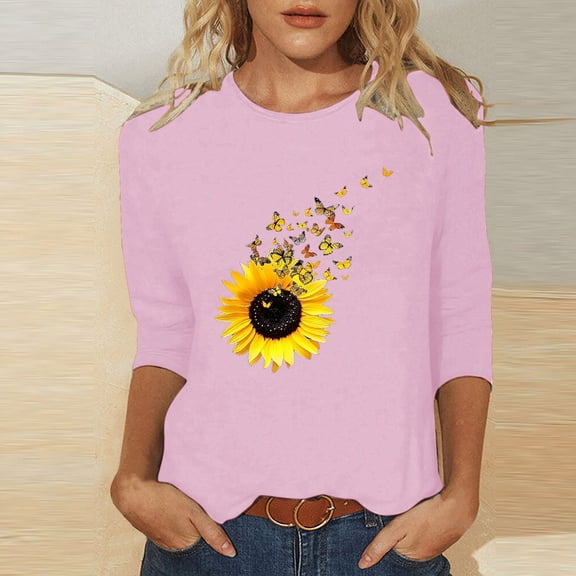 thefmos Women Plus Size Fall 3/4 Sleeve Round Neck Sunflower Print Pullover Tops Dressy Casual Loose Graphic Tshirt Blouses Trendy Autumn Vacation Clothes, Pink L
