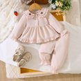 thumbnail image 2 of Staki Toddler Baby Girl Clothes Fall/Winter Girls Outfits Ruffle Long Sleeve Tops Floral Flared Pants Girls' Clothing Sets 6-9 Months(Beige, 6-9 Months), 2 of 9