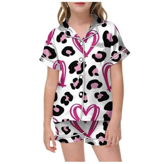 Pjs for Girls Valentines Pajamas for Children Heart Print Short Sleeve Button Down Top and Shorts Two Piece Sleepwear with Pockets Light Purple 2 Years-3 Years