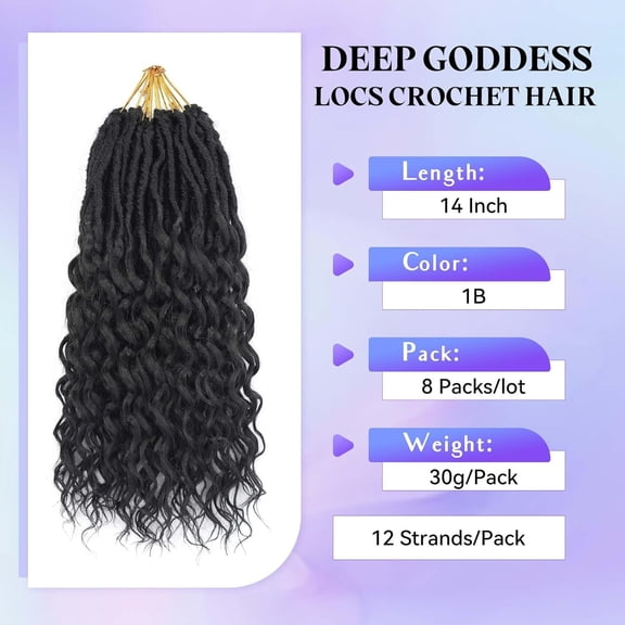 WEIF-14 Inch Goddess Locs Crochet Hair 8 Packs New Soft Faux Locs Crochet Braids Deep Wave Pre Looped Hair Extensions for Black Women(1B/8PCS/14inch)