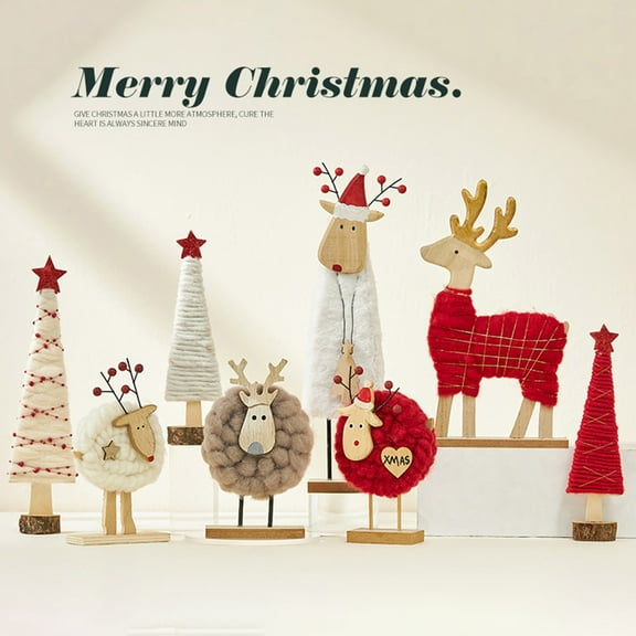 tasrioml Christmas Tabletop Decoration Plush Wool Felt Reindeer Santa Tree Figurine with Wooden Base for Winter Tiered Tray Mantel Decor