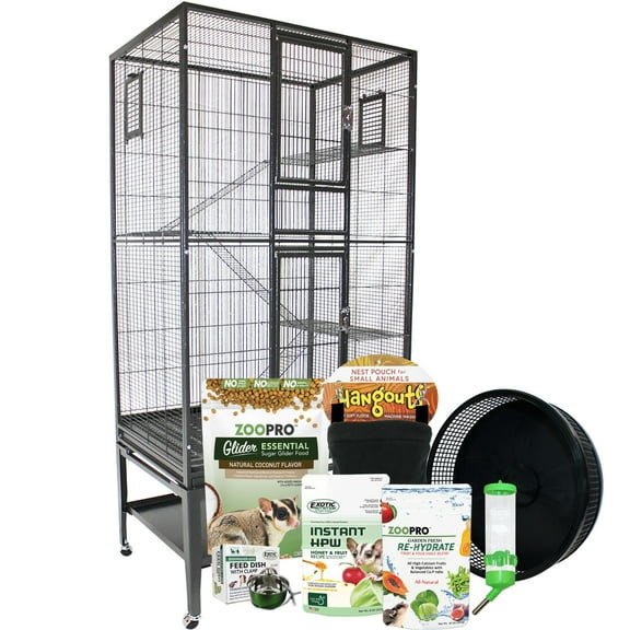 Exotic Nutrition Congo Cage & Starter Package for Sugar Gliders - Includes Durable Cage, Exercise Wheel, Healthy Food Assortment, Water Bottle, Food Dishes & Nest Pouch…