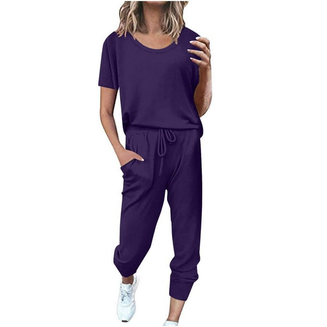 Yuyuzo Ensembles d'Entraînement pour Femmes 2 Pcs T-Shirts à Manches Courtes à Col Ras du Cou Pantalons Jogger à Cordon avec Poches