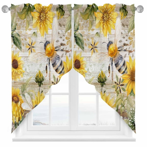 Summer Sunflower Bee Swag Valances for Windows 2 Pack Yellow Floral Plants Wood Grain Rustic Swag Kitchen Curtains 36 Inches Long Rod Pocket Short Window Treatment for Kitchen Bathroom 36"x36"