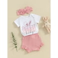 thumbnail image 3 of Bslissey Baby Girls Easter Shorts Sets Short Sleeve Letter Bunny Print T-shirt Romper + Shorts + Bow Headband 3Pcs Infant Toddler Cute Summer Outfits 0-18 Months, 3 of 9
