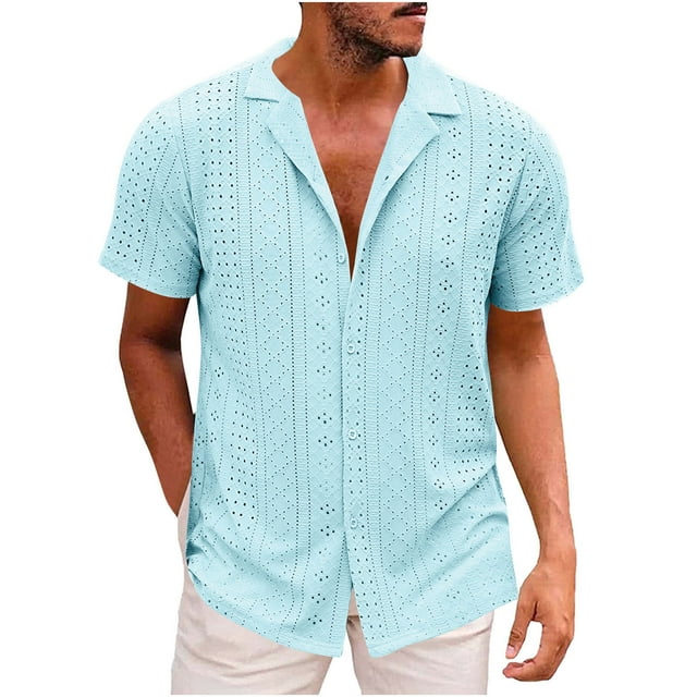 FAIWAD Men's Hollow Mesh Shirt Short Sleeve Lapel Tshirt Blouses Casual Breathable Button Up Summer Tops