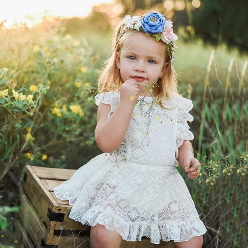 Toddler Kids Baby Girls Lace Lemon Print Dress Romper Headbands Princess Outfits 