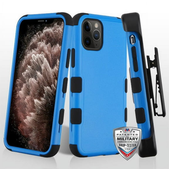 Apple iPhone 11 PRO MAX Phone Case Hybrid Armor HOLSTER [Three Layers] Kickstand [Carrying Belt Swivel Clip Holster] Drop-Proof Rubber Silicone TPU Rugged Protective BLUE Cover for iPhone 11 Pro Max