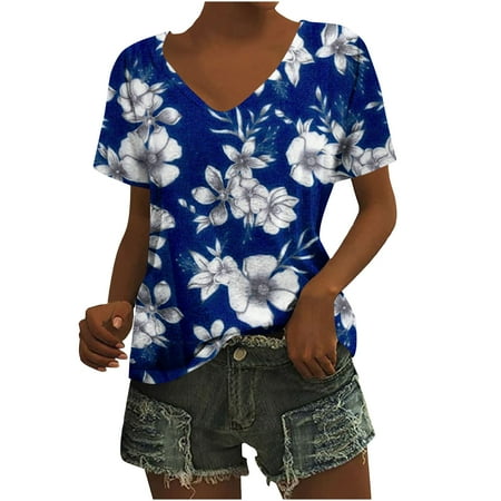 

kakina CMSX Shirts for Women Fashion Comfortable Casual V-Neck Short Sleeve Print Top Blouse Printed Loose T-Shirt Blue XL