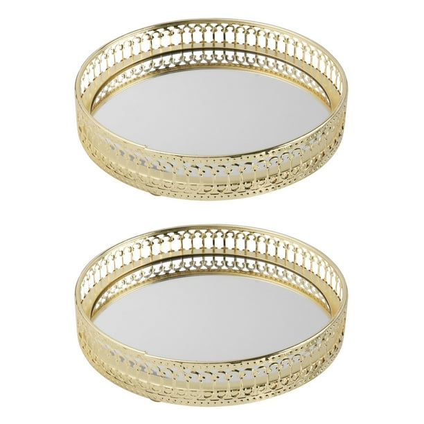 2X Bandeja de Almacenamiento de Joyas de Hierro Dorado Espejo de Vidrio Organizador de Maquillaje Bandeja 17,5cm