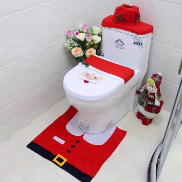 3 uds. Funda para asiento de inodoro para fiesta de Navidad, alfombrilla para el suelo, caja de pañuelos para tanque, juego de funda para decoración de baño navideña B brillar Electrónica