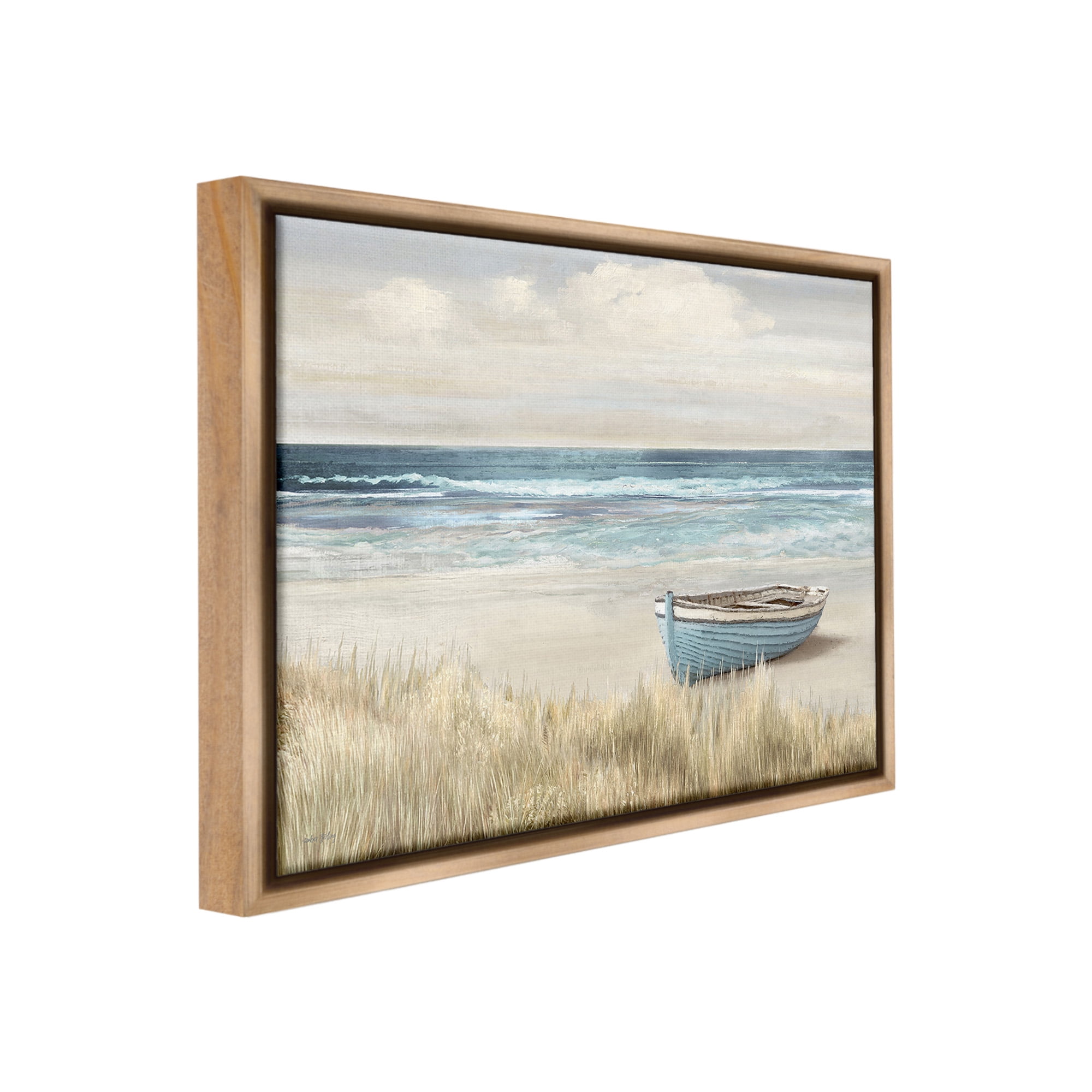 Stupell Industries Boat on Grassy Shore Landscape Painting Brown Floater Framed Canvas Art Print Wall Art, 21 x 17