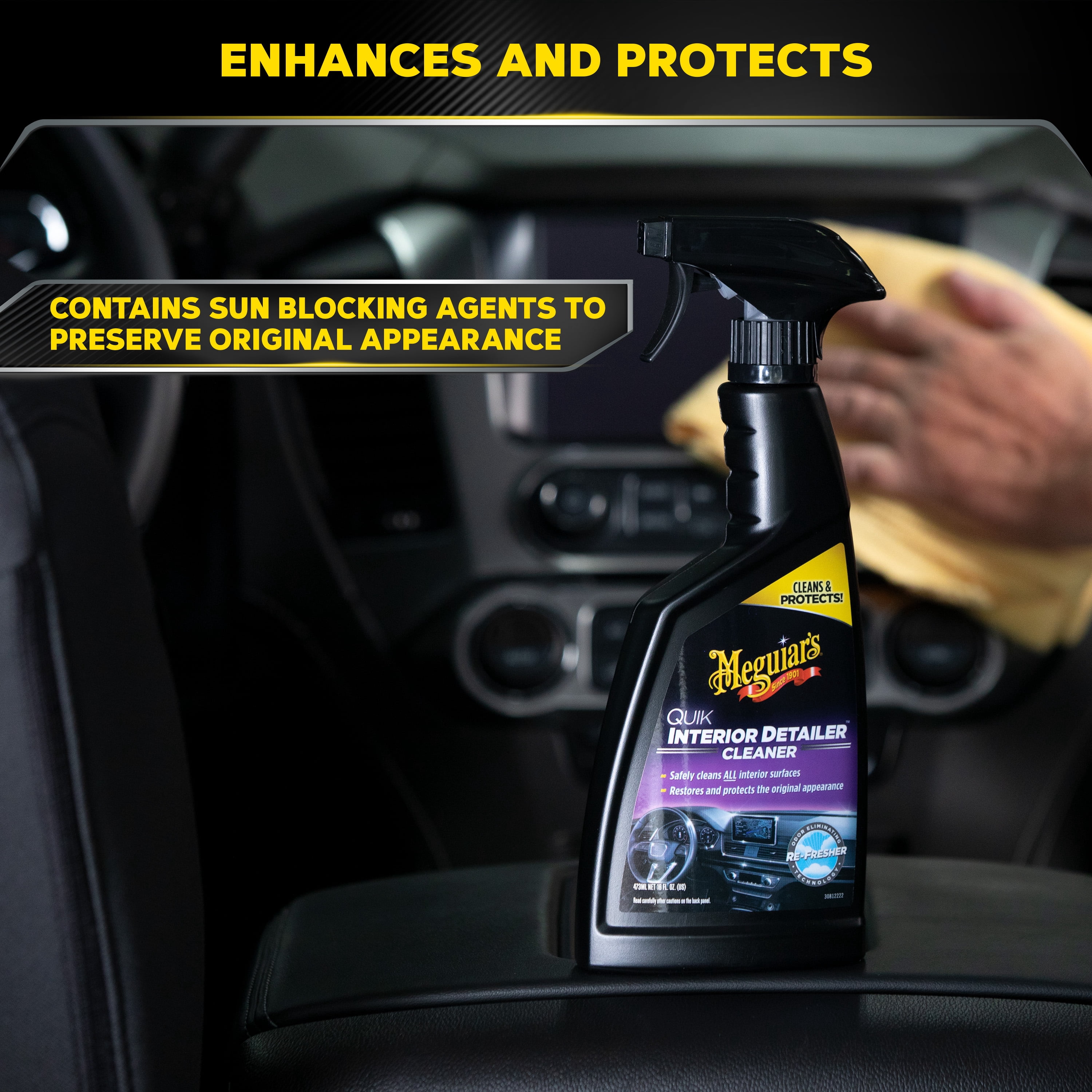 Meguiar's Quik Interior Detailer Cleaner, Quick Detailer Spray Cleans and Refresh Car Interiors, Use on Plastics, Leather & Rubber, Dashboards, Trim in Cars, Trucks & SUVs - 16 fl oz Spray Bottle