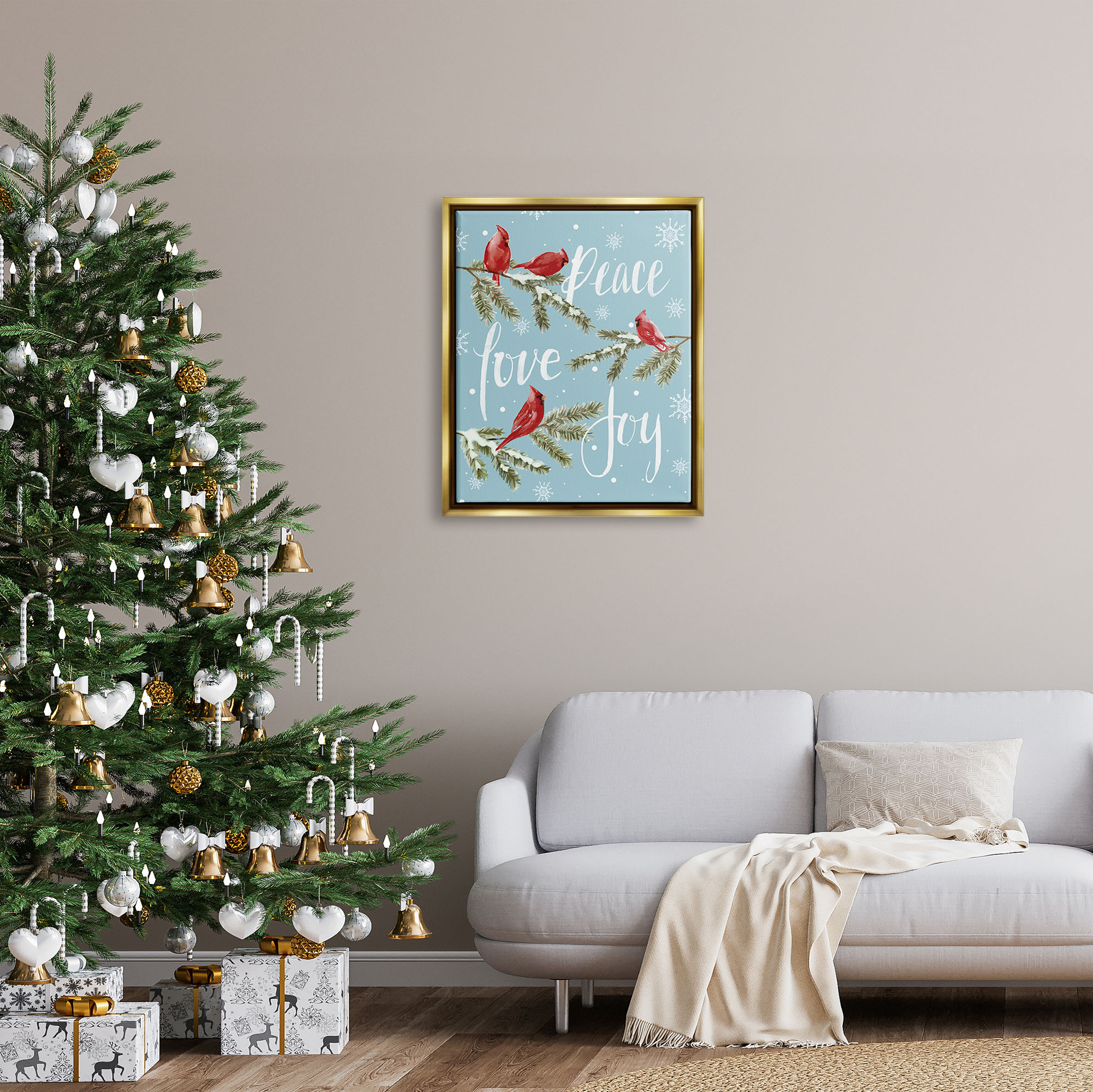 Stupell Industries Winter Cardinals Perched Holiday Painting Gold Floater Framed Art Print Wall Art, 25 x 31