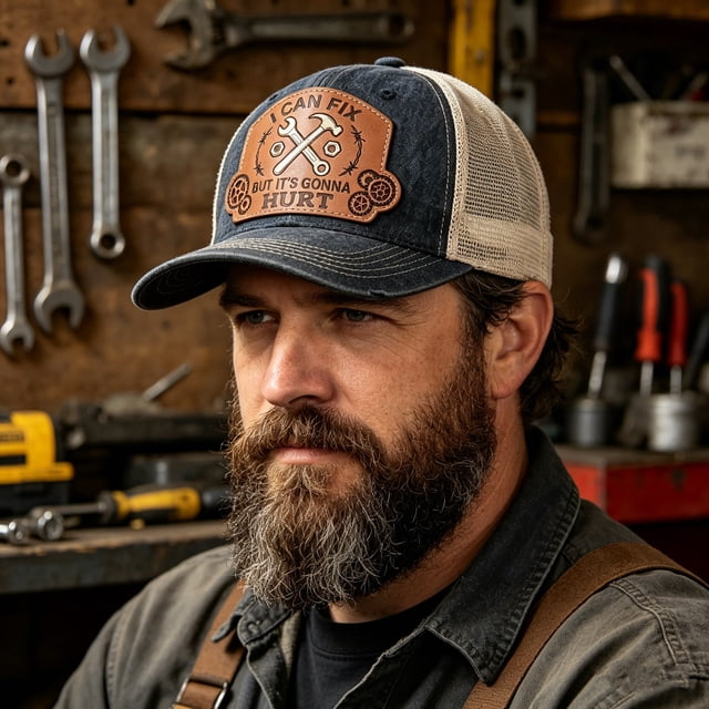 Gorra de camionero con bordado "Puedo arreglarlo, pero va a doler" – Gorra vaquera desgastada con parche humorístico para aficionados al bricolaje, cierre ajustable para uso casual.