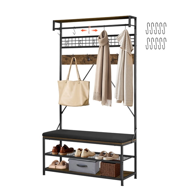 KFFKFF Hall Tree, 72 in Coat Rack with Shoe Bench, 2-Tier Freestanding Shoe Rack Storage Organizer with Hooks, Hanging Rod and Wire Shelf, Steel Frame Entrance Coat Holder for Entry