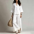 thumbnail image 5 of Costeam Womens Solid Linen Blend Two Piece Outfit V Neck Three Quarter Sleeve Crop Top Contrast Cuff Wide Leg Full Length Pants Loose Fit Casual Bohemian Co Ord Set, 5 of 5