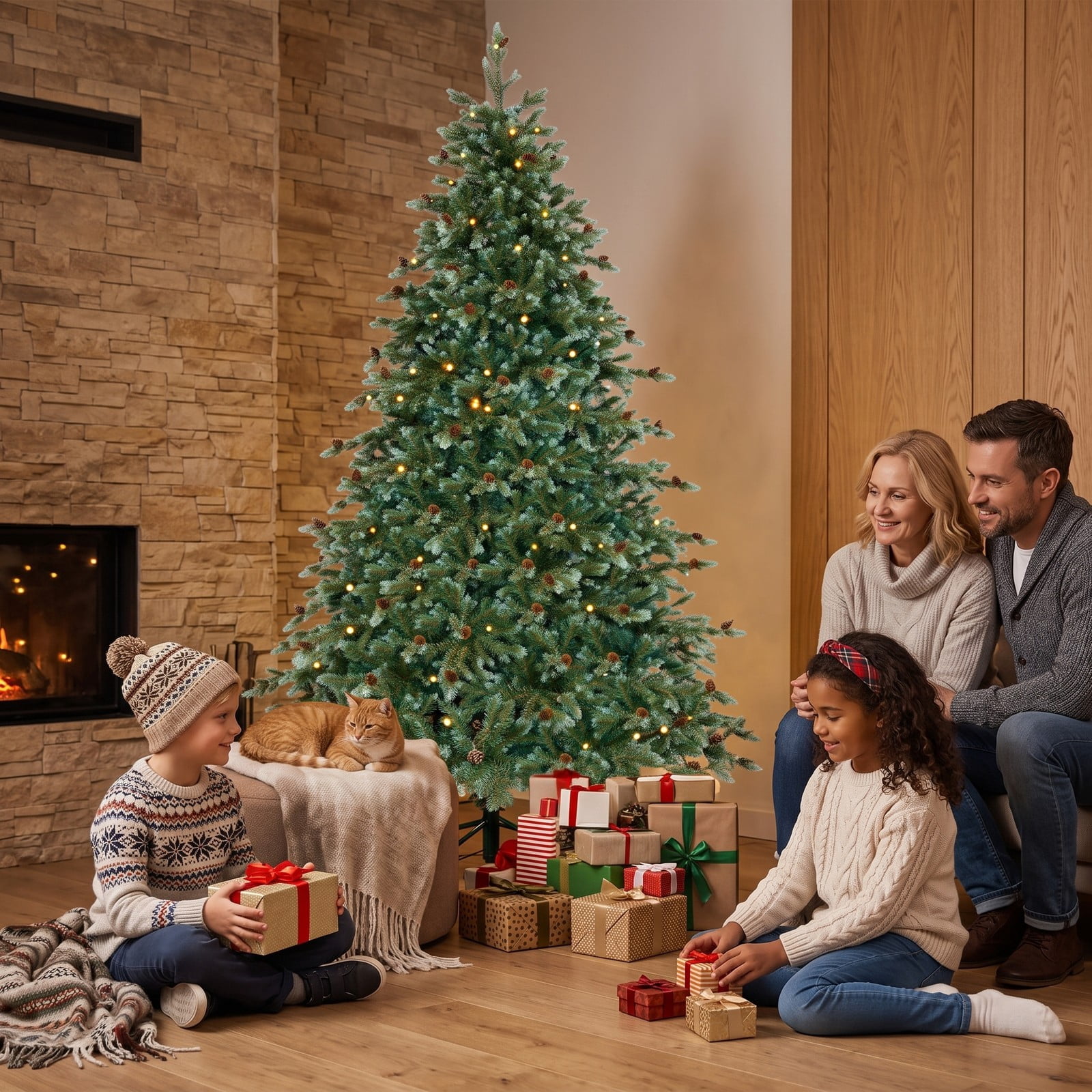 RUIE 7 FT Artificial Christmas Tree with 340 Warm White LED Lights and 69 Pine Cones, Pre-Lit Hinged Xmas Tree with Metal Stand for Home Office Holiday, Green