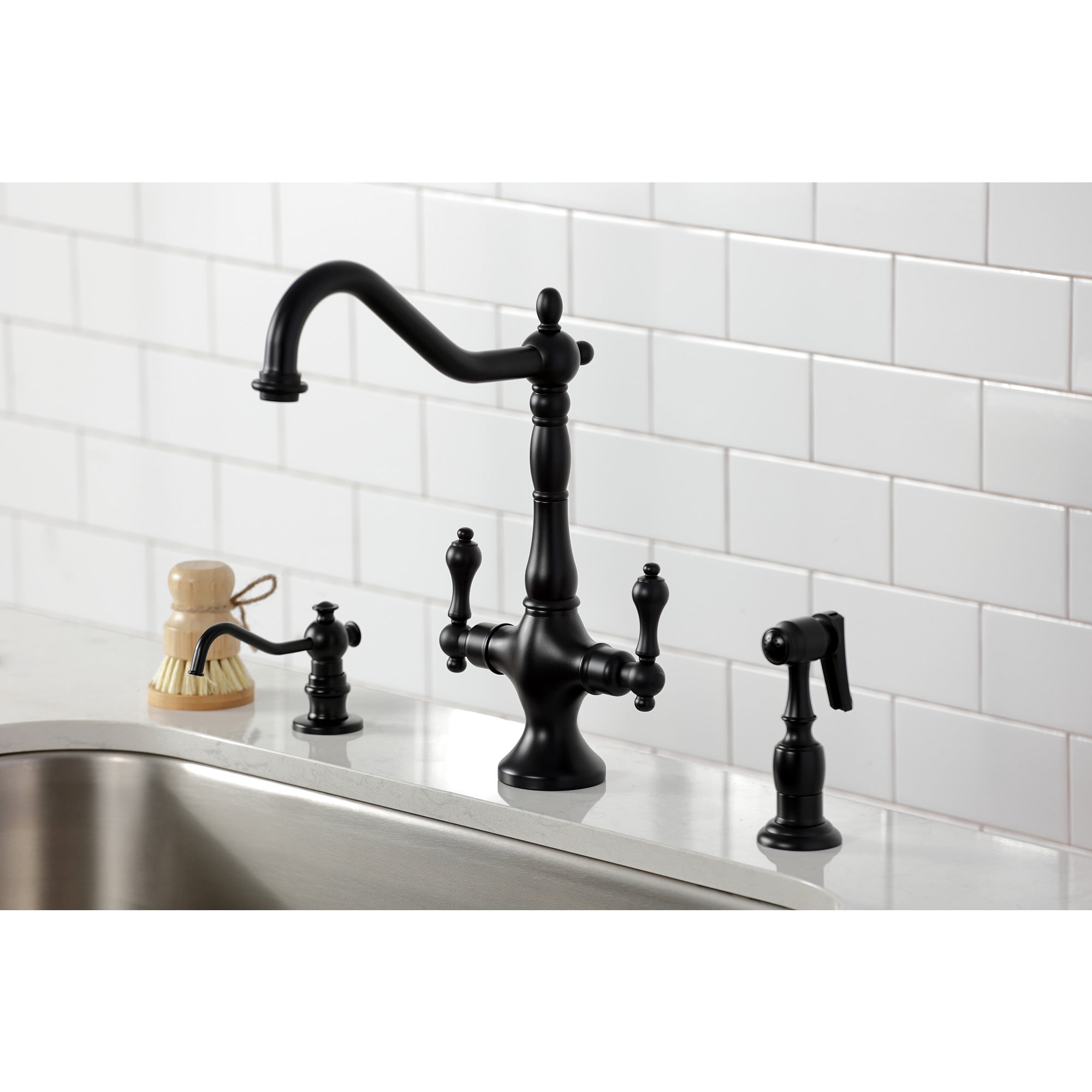 Kingston Brass KS1770ALBS Heritage Two-Handle 2-Hole Kitchen Faucet with Brass Sprayer in Matte Black