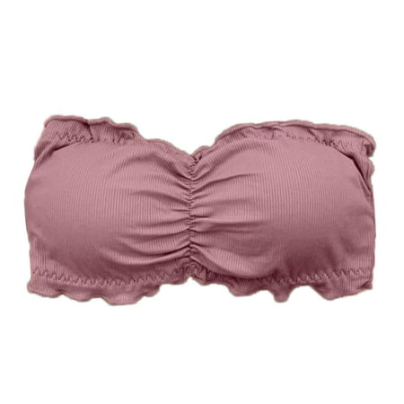 

Women Strapless Ruffles Bandeau Bra Ribbed Knit Solid Color Wrapped Chest Tube Top Bottoming Layering Back Buckle Bralette Underwear