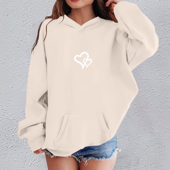 Letdown Cute Heart Graphic Hoodie Pullover Kids Girls Preppy Hoodies Kids Valentine Thanksgiving Sweatshirts with Pockets Oversized Tops (Beige,3-4 Years)
