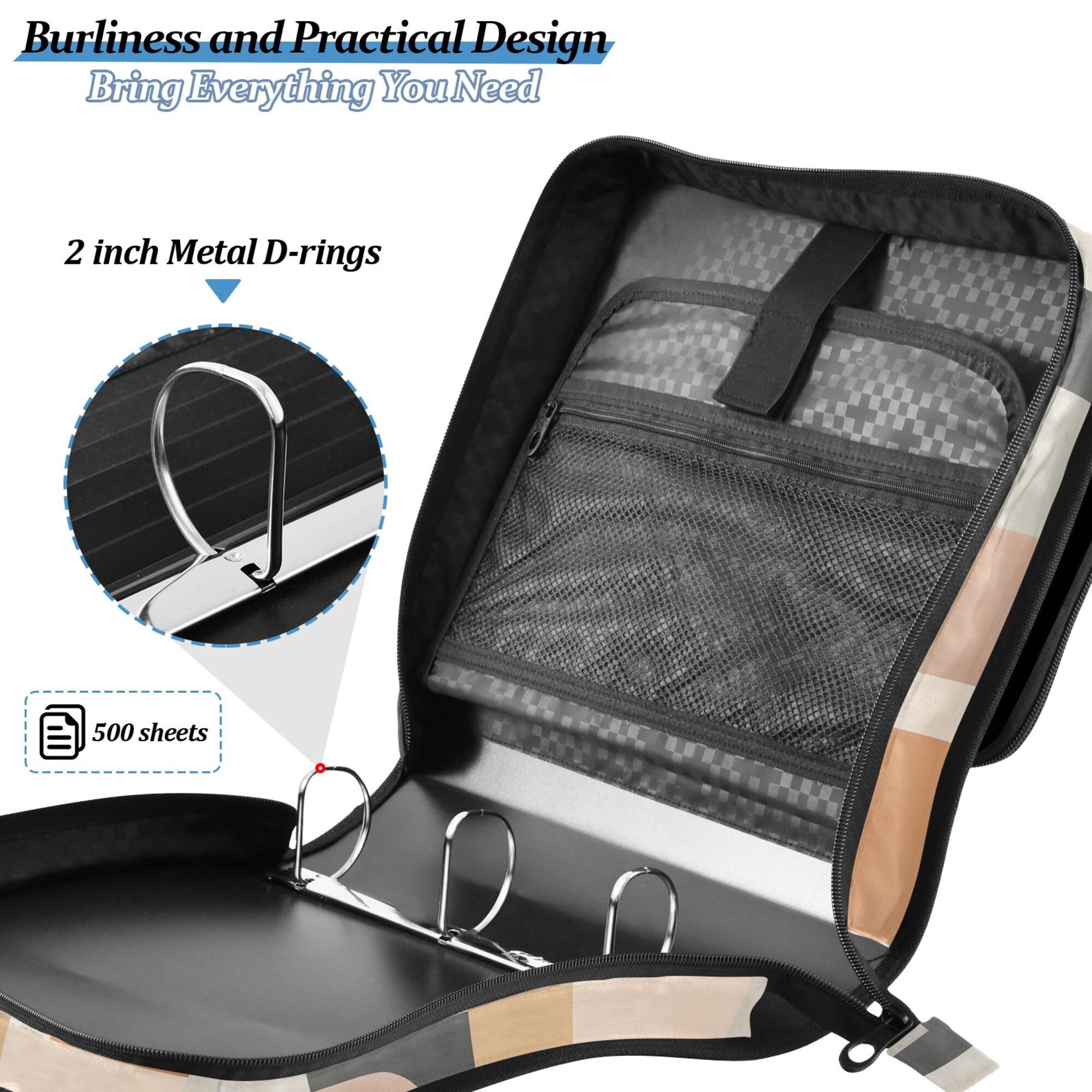 FORMRS Zipper Binder with Shoulder Strap 2-inch Ring 500 Sheet Capacity File Bag, Abstract Shapes