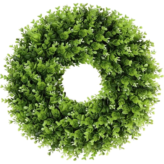 18'' Boxwood Wreath, Artificial Wreath with White Bud for Front Door Wall Window Decor, Summer Spring Greenery for Thanksgiving Easter Decorations Indoor Outdoor