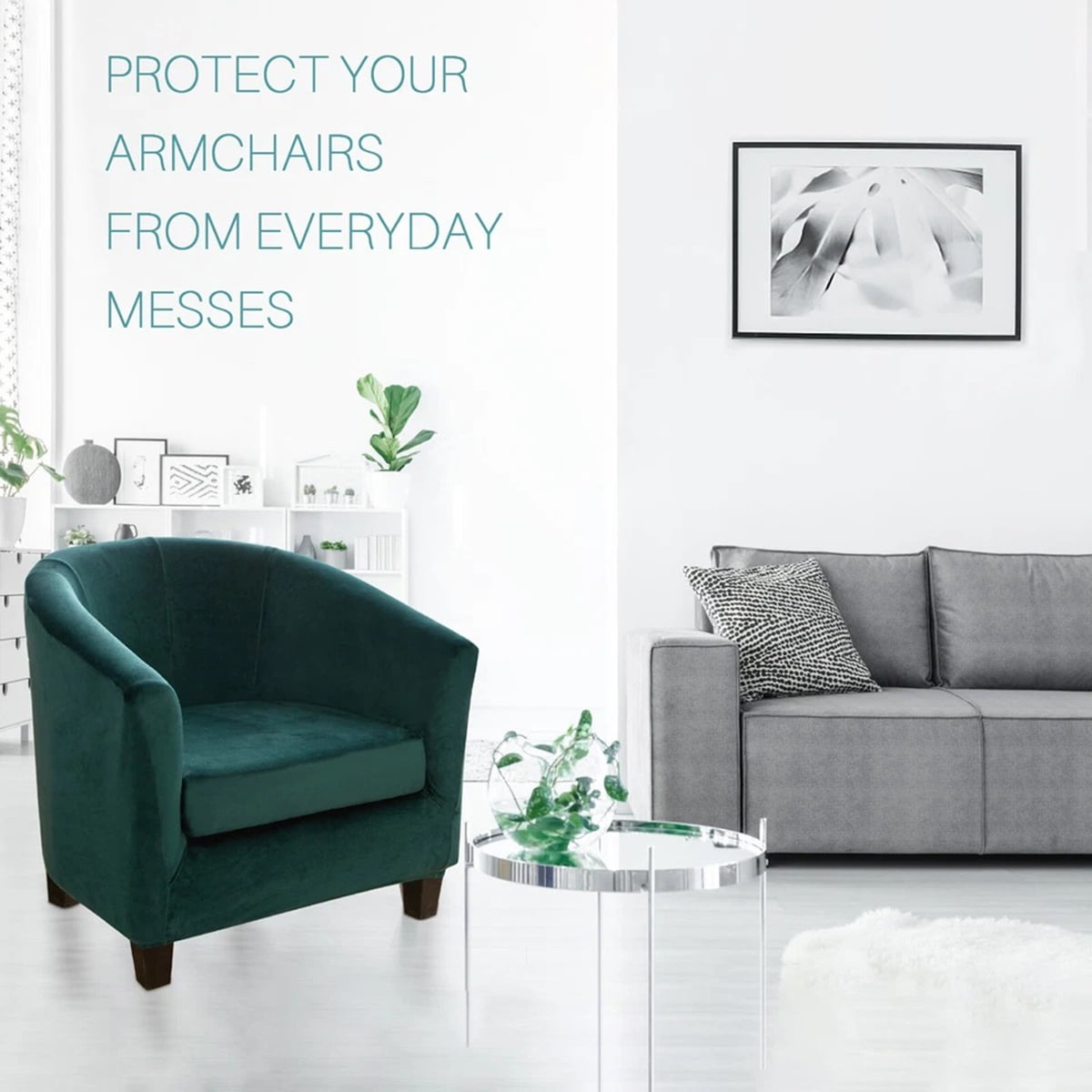 Eurhowing Stretchable Tub Chair Slipcover, 2-Piece Velvet Soft Armchair Cover with Cushion Cover, Elastic Fit Club Chair Sofa Couch Slipcover, 1-Pack, Dark Green