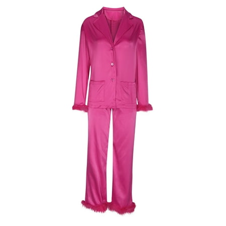 qolati Womens Silk Satin Pajama Sets Feather Trim Long Sleeve Button Down Lounge Set Pjs Set 2 Piece Turn Down Collar Sleepwear with PocketsHot Pink L 8