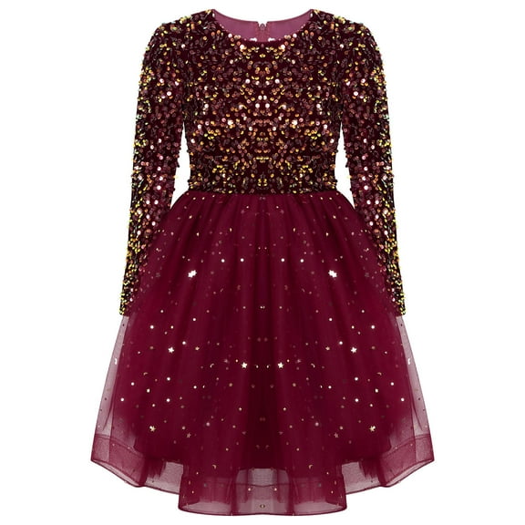 YONGHS Kids Girls Long Sleeve Sequin Velvet Tulle Dress Wedding Birthday Pageant Party Princess Gown Red 11-13