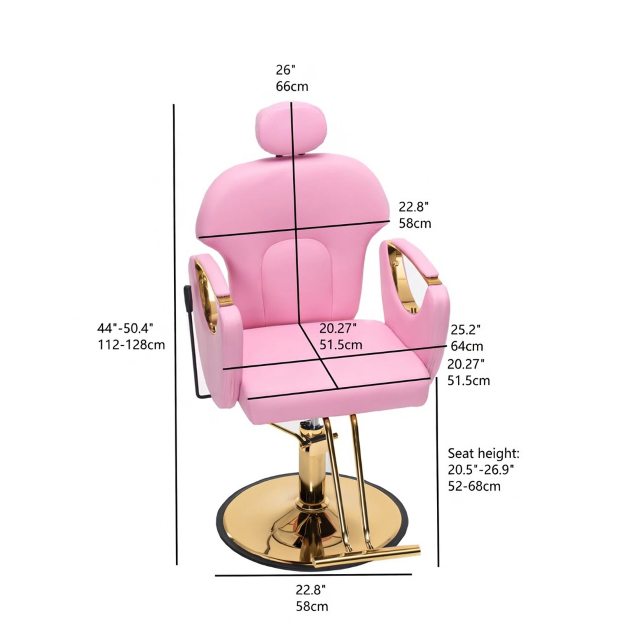 Noble House Hydraulic Barber Chair, Reclining Salon Styling Chair, PU Upholstery, Pink + Gold
