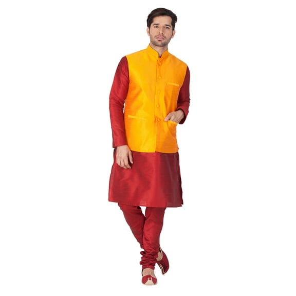 ELINA FASHION Men's Indian Silk Blend Kurta Pajama And Nehru Jacket (Waistcoat) Traditional Wedding Party Festivals Dress Set