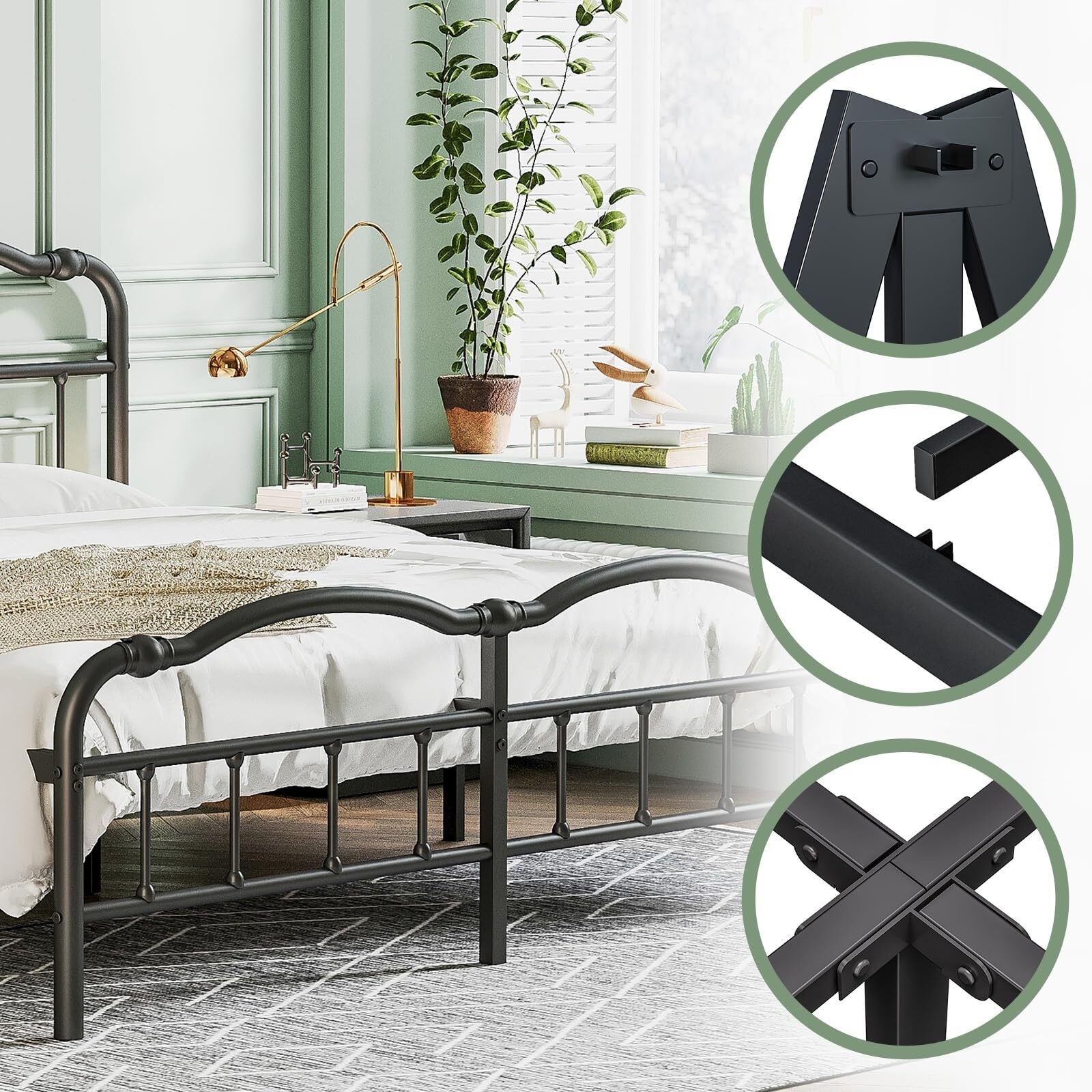 Heavy Duty Anti-Sway 18 Inch High Steel Tube Iron Bed, Double Wave Headboard And Footboard Full