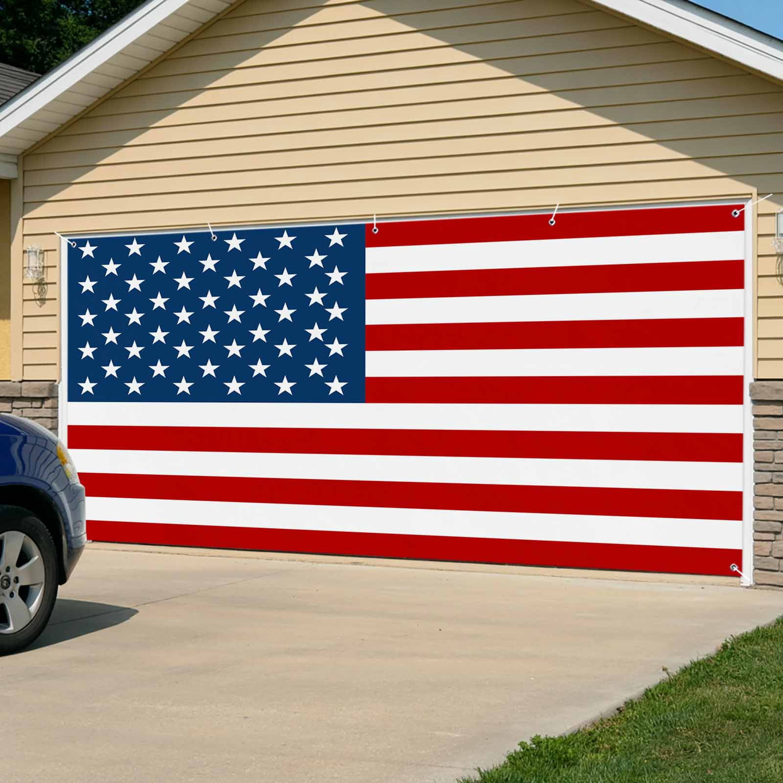 American Flag Garage Door Cover Banner 7 x 16 FT, Blue Red USA Flag Garage Door Curtains Backdrop with Grommets for Indoor Outdoor Wall Party Porch Yard Decorations Background