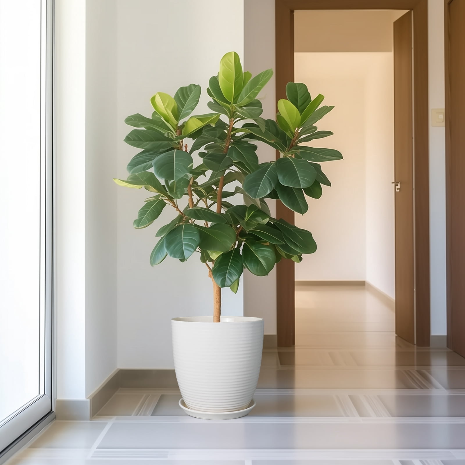 EPFamily 12 Inch Matte White Ceramic Planter with Drainage Hole and Saucer – Large Round Flower Pot for Indoor Plants, Fiddle Leaf Fig, Housewarming Gift