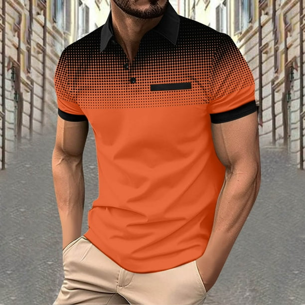 Blusa y camisa de manga corta con cuello vuelto para hombre, con solapa degradada de lunares y botones, deportiva, de poliéster