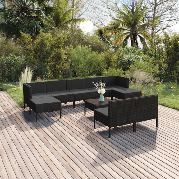 vidaXL 10 Piece Patio Lounge Set with Cushions Poly Rattan Black