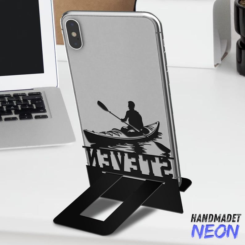 Handmadetneonsign Kayaking Player Phone Stand, Kayaker Metal Cell Phone Desk, Kayak Phone Holder 95332