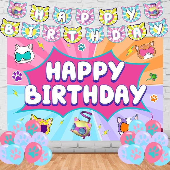 Super Kitties Birthday Party Supplies,Super Cats Party Decorations Set Include Banner, Backdrop, Balloons for Boys Girls Anime Theme Party