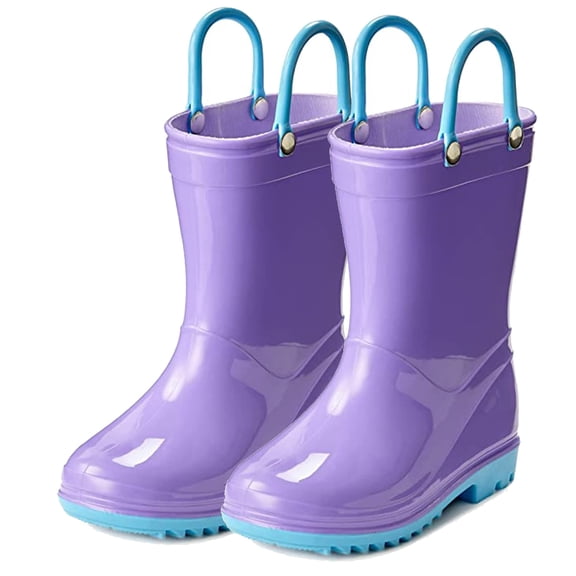 Puddle Play Toddler and Kids Boys and Girls Waterproof Rain Boots with Easy-On Handles - Purple with Blue Trimming - Size 4 Toddler