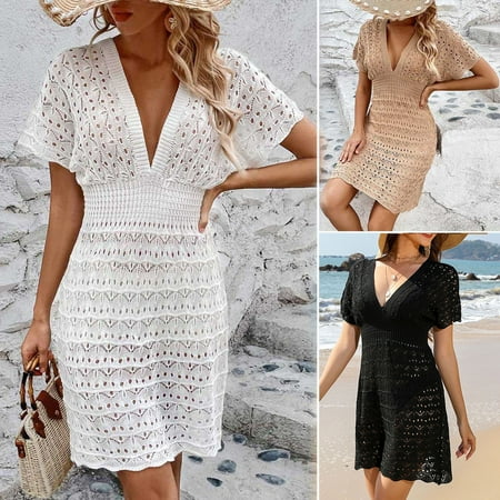 Joernso Women Summer Bikini Cover Up V-neck Short Sleeve Backless Pullover Cover Up Solid Color Hollow Out Beachwear Cover Up