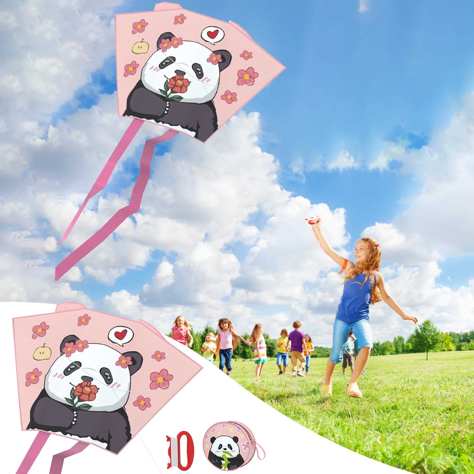 YUNAFFT Spring Outing Pocket Kite Easy to Fly Kite Line Cartoon Panda Wind Kites Family Trips Friends Game Foldable Kite Outdoor Toys