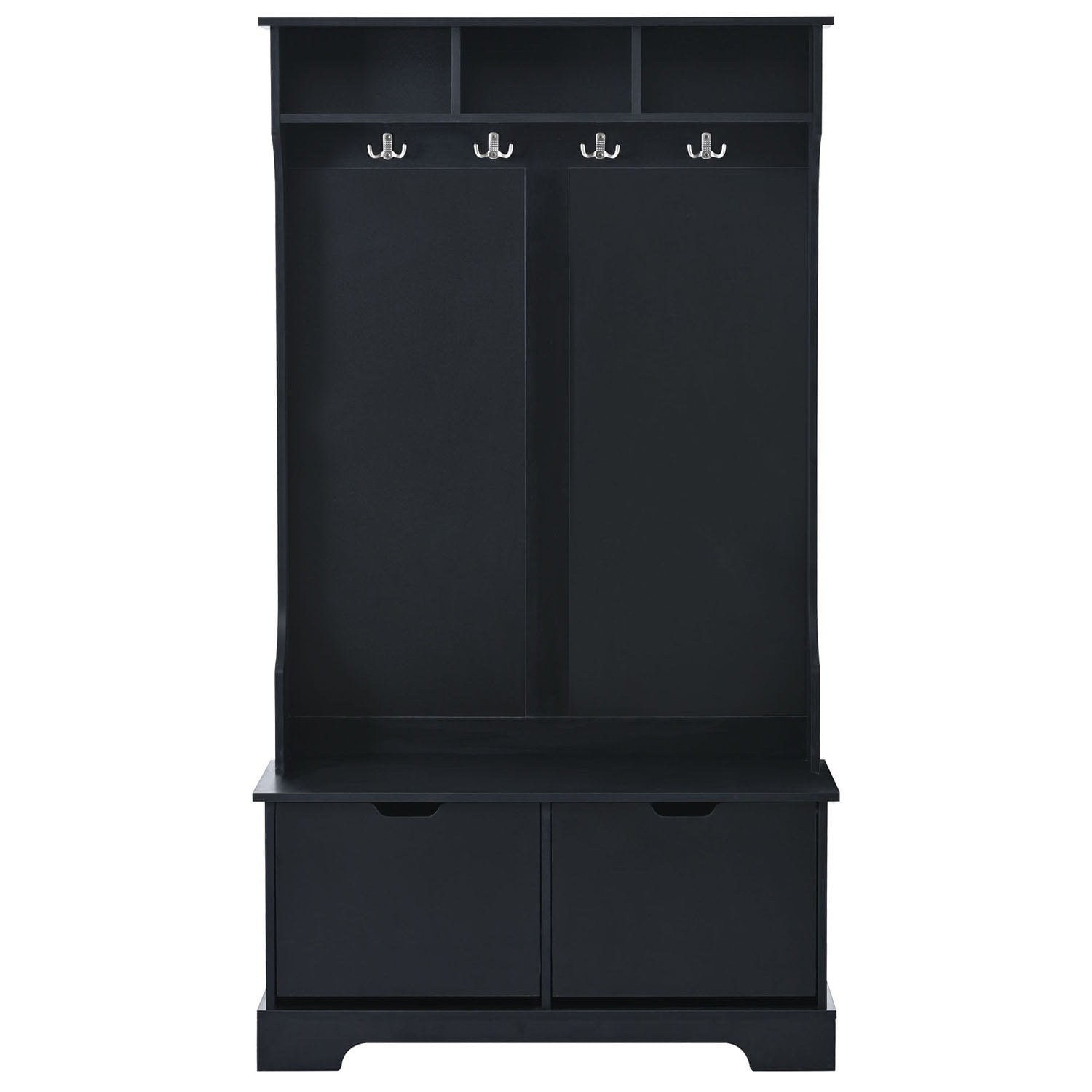 Kadyn All in One Hall Tree, Wide Hall Tree with 3 Top Shelves and 2 Flip Shoe Storage Drawers, Mudroom Hall Tree with Storage Bench and Metal Hanging Hooks, Black