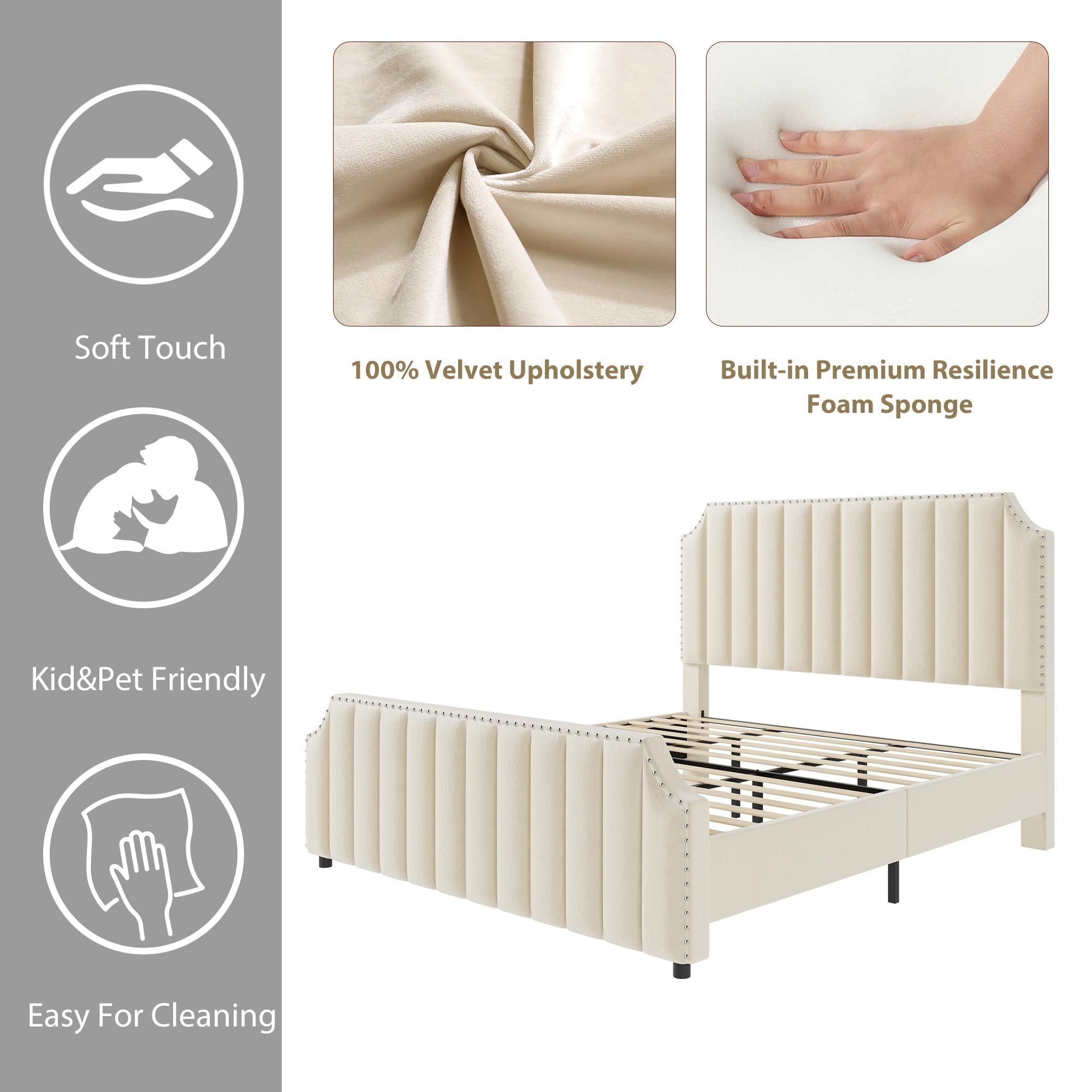 Ataucjin Queen Size Platform Bed Frame with 50.2" Headboard & Footboard,Velvet Upholstered Bed Frame Queen with Vertical Channel Tufted Headboard & Footboard,Nailhead Trim,No Box Spring Needed