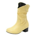 thumbnail image 5 of Western Boots for Women Slouchy Leather Block Heel Round Toe Mid Calf Booties Winter Thickened Warm Casual Retro Long Boots Yellow Size 10.5, 5 of 5