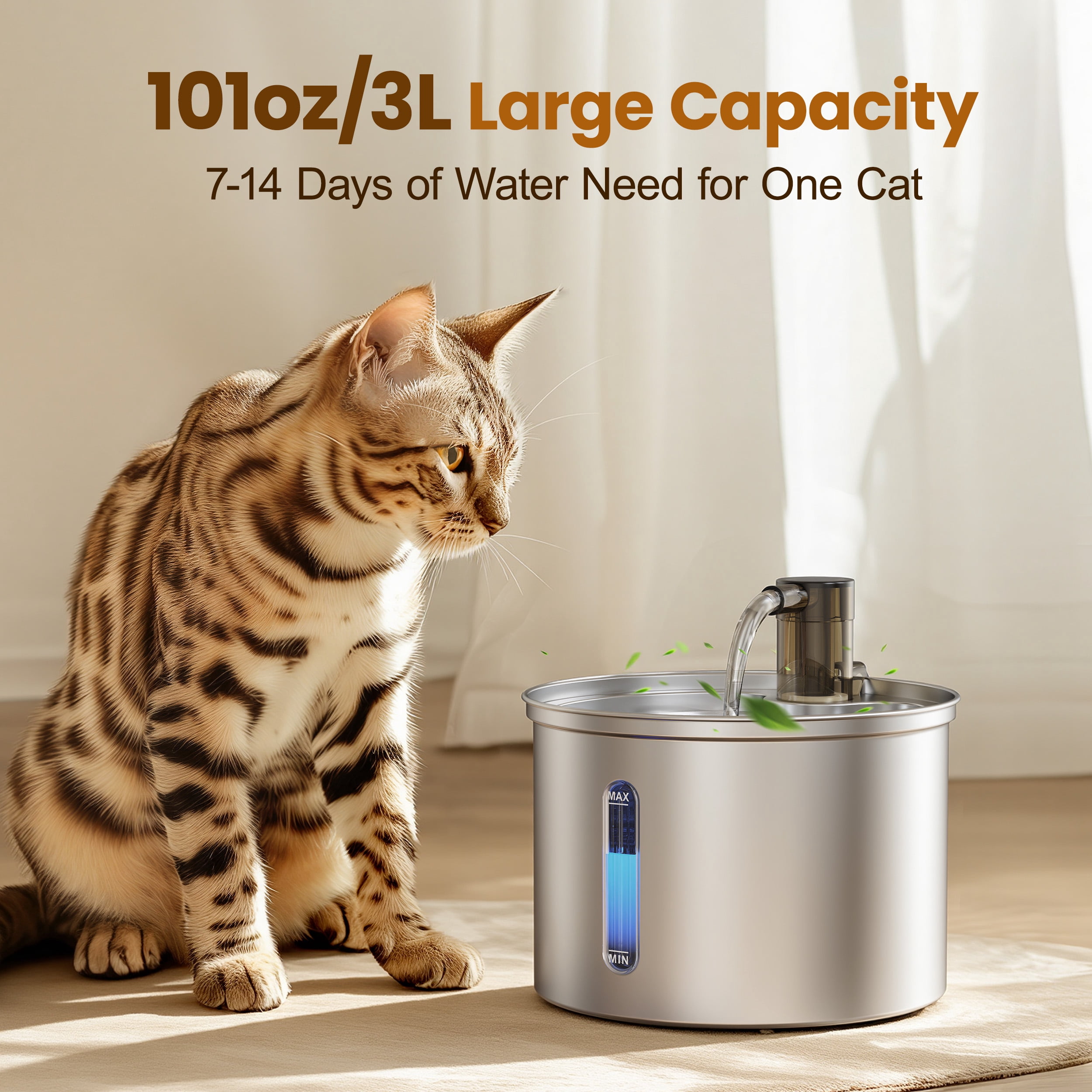 Oneisall PWF-002 Cat Water Fountain Stainless Steel 304, 3L/101oz Cats Love Water Fountains for Cats Indoor, Low Noise Cat Fountains for Drinking, Silver